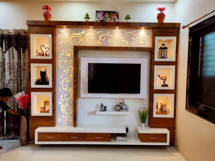 Wooden TV wall with backlit panels and display niches