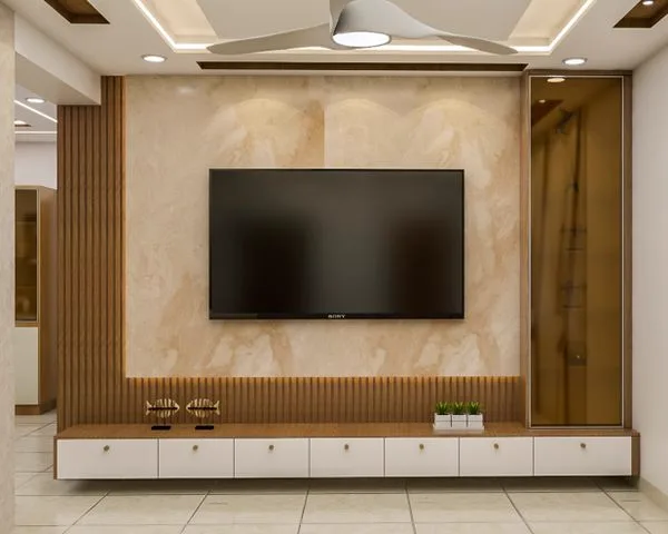 Bedroom TV wall in white and wood with city view