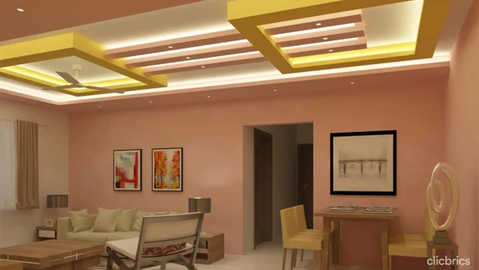 Living and dining room with a layered false ceiling