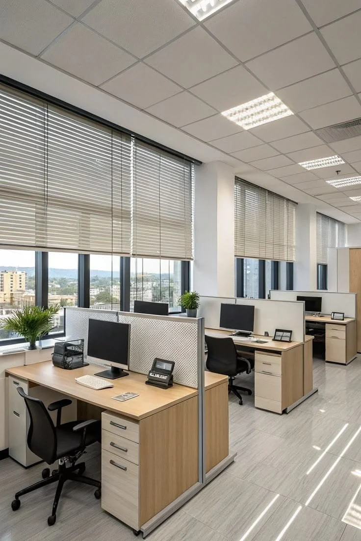 Office interior with window-side workstations and fitted blinds