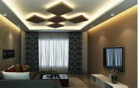Living room false ceiling with diamond-shaped panels above curtained windows