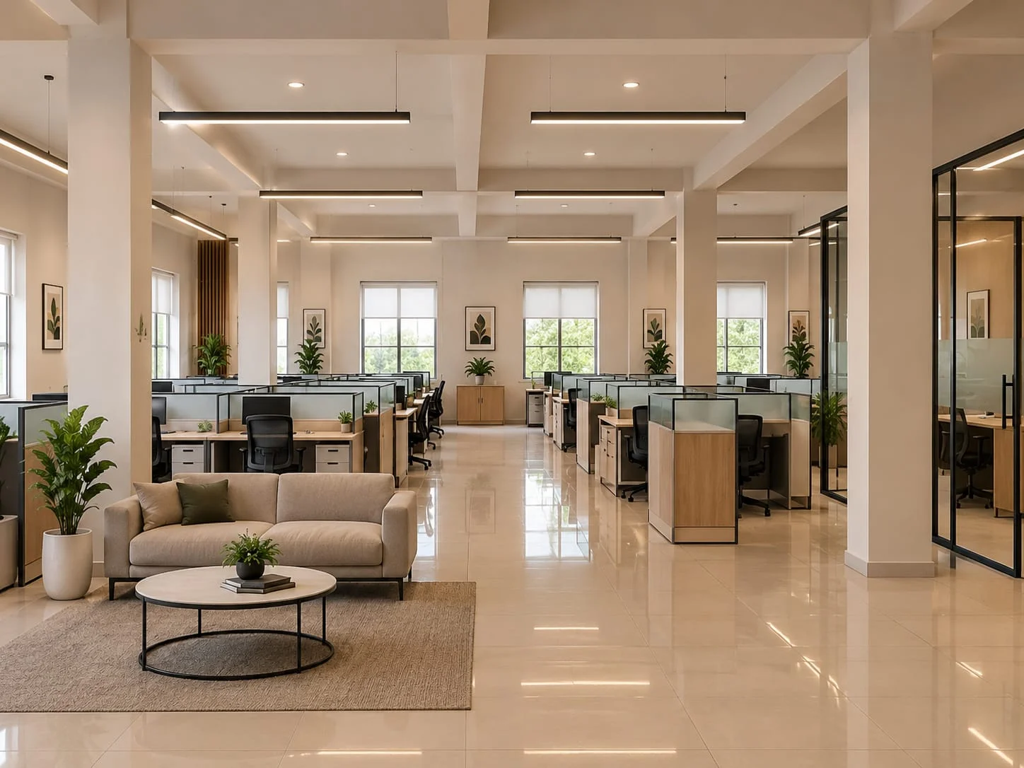 Open-plan office interior with workstations, glass partitions and lounge seating