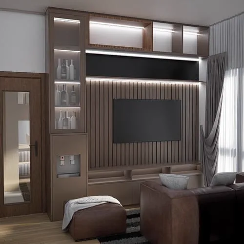 Marble TV wall with fluted wood panelling and storage