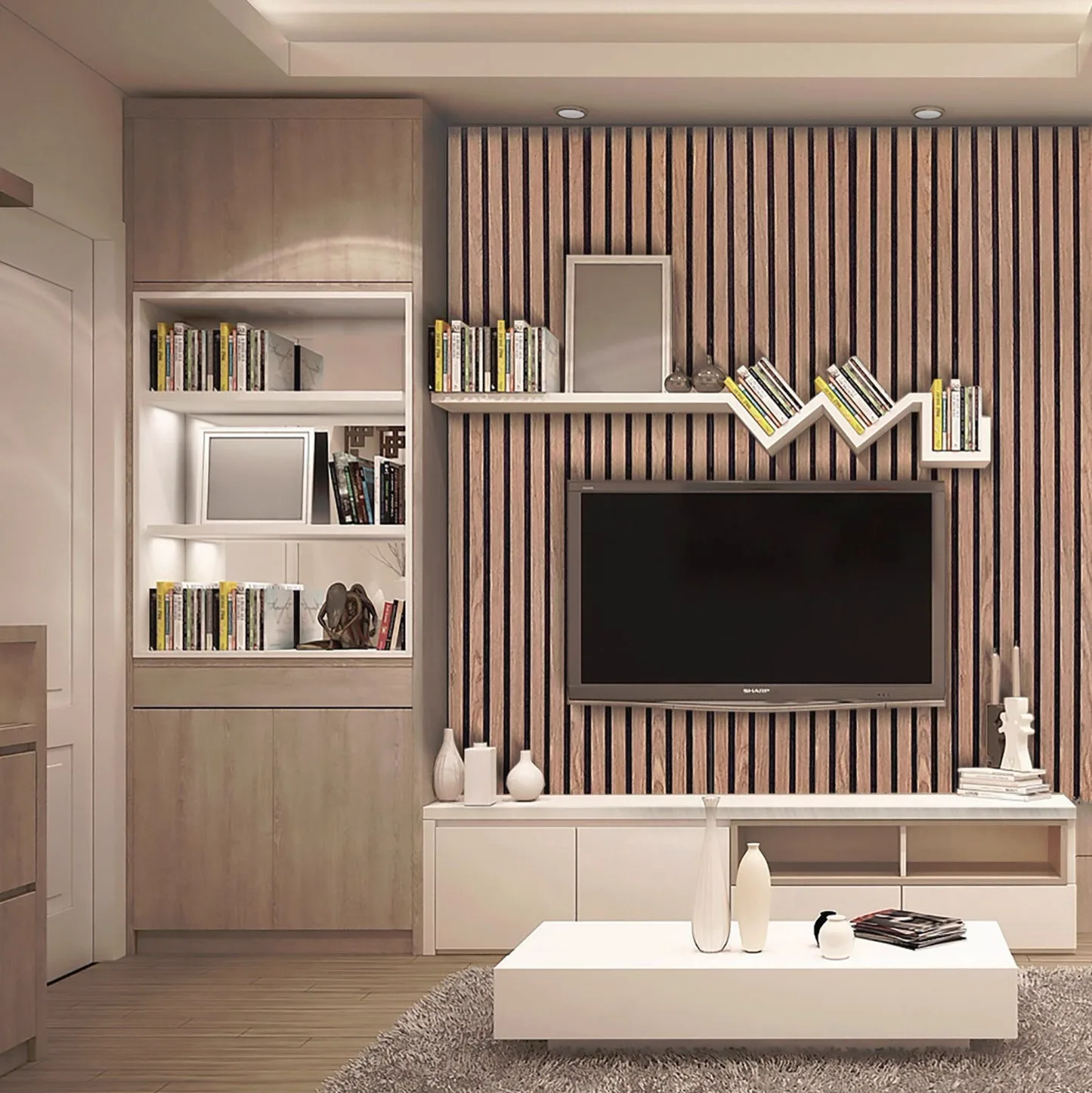 Brown TV panelling with strip lighting and bar shelves
